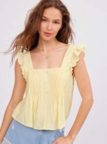 WESTFADE Pale Yellow,Summer,Elegant,Brunch Butter Yellow Textured Woven Square Neck Pintuck Pleated Button Front Ruffle Flutter Sleeve Relaxed Fit Boho Top - Apricot - View 3