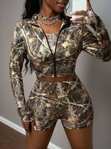 Slaydiva 女式夏季运动套装三件套：拉链高领修身长袖 T 恤夹克、无袖短款上衣、运动短裤、树枝印花 - 彩色 - 查看 8