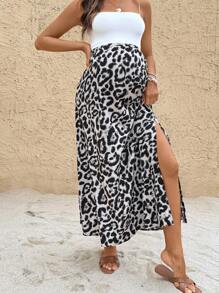 SHEIN 孕妇度假休闲豹纹高开衩裙 - 粉色 - 查看 3