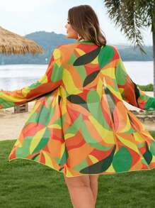 SHEIN CURVE+ 大码女式多色不对称印花图案海滩度假和服 - 彩色 - 查看 1