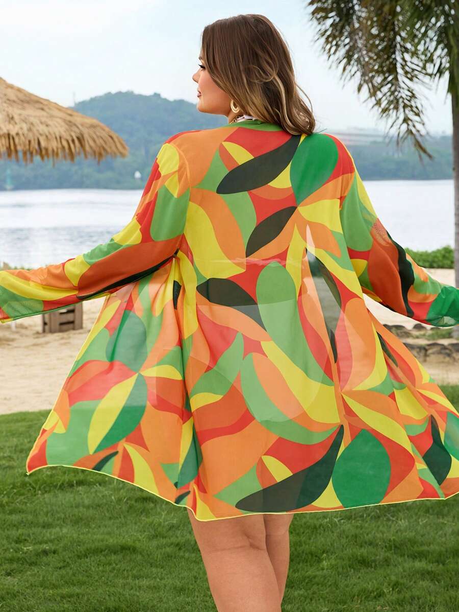 SHEIN CURVE+ 大码女式多色不对称印花图案海滩度假和服 - 彩色 - 查看 1