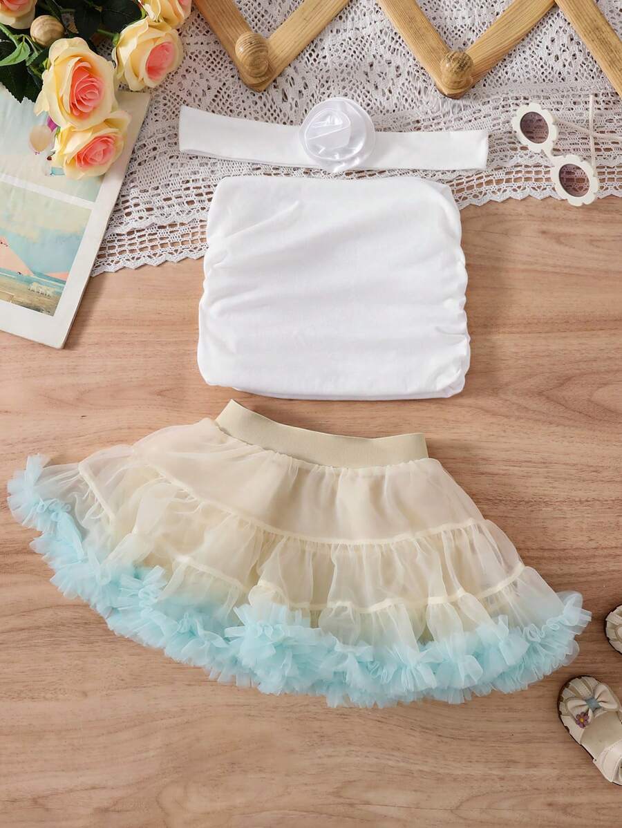 SHEIN 年轻女孩夏季纯色褶皱抹胸和网眼中长裙套装 - 白色 - 查看 1