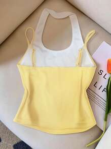 INAWLY Plus Size Summer Casual Contrast Color Sleeveless Top - Yellow - View 2