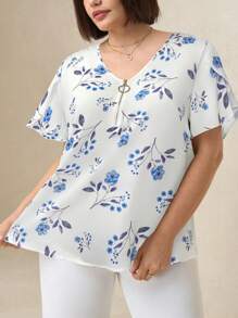SHEIN Clasi Blusa de manga corta con estampado floral para mujer de talla grande, verano