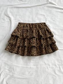 Soleia 女士度假纹理提花编织低腰分层荷叶边下摆 A 字迷你裙，适合派对、约会、情人节、假日、复活节、狂欢节、中国新年、海滩巡游、城市旅行、婚礼季、下午茶、返校 - 咖啡棕 - 查看 4