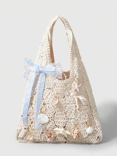 Fairycore 1 Stück Boho Stil Cut Out gewebte Strandtasche mit Muscheln, Fischschwanz, tropischen Blumen Dekorationen für Frauen, inklusive DIY Deko-Materialien