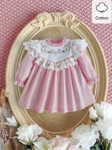 Souflis Souflis Robe de princesse élégante de style palais pour bébé fille, col et manchettes en dentelle multi-couches, col de princesse avec petit revers à broderie florale de palais, pour l'automne/hiver