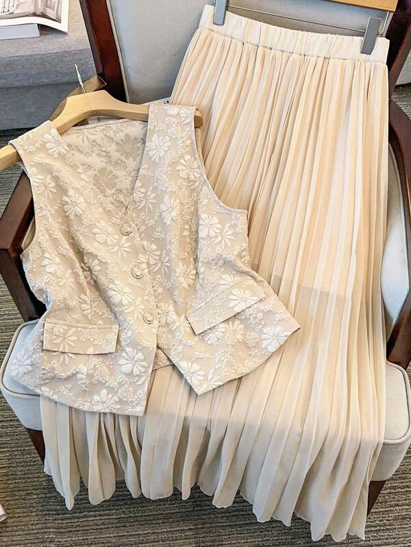 Regalyn Ensemble de 2 pièces pour grandes tailles : Blazer sans manches en jacquard gaufré abricot + Jupe plissée en mousseline de soie couleur unie, style d'affaires élégant et décontracté à la française