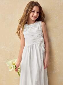 Ontre Tween Girl Elegant Solid Color 3D Floral Decor Dress - White - View 1