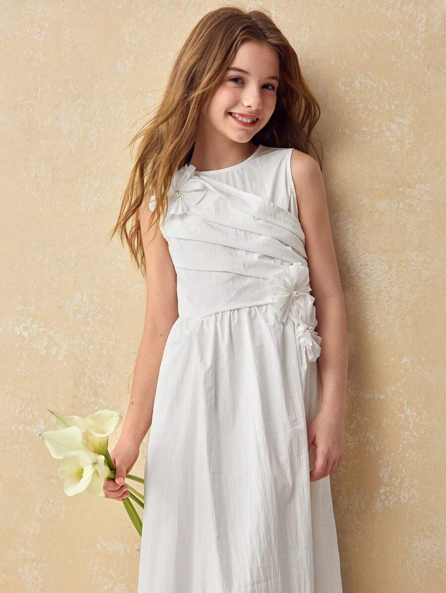 Ontre Tween Girl Elegant Solid Color 3D Floral Decor Dress - White - View 1