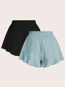 Elaquor Pantaloni scurți de culoare uni, mărime plus, cu volane franceze la tiv - Multicolor - Vizualizare 2