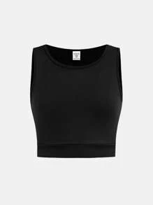 SHEIN 青少年女孩黑色针织镂空后背吊带背心和紧身裤两件套 - 黑色 - 查看 6