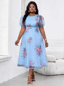 SHEIN Lady 春夏优雅通勤办公室波西米亚风彩色编织雪纺深 V 领舞会礼服喇叭飘逸主教袖长袖加大码连衣裙 - 彩色 - 查看 4