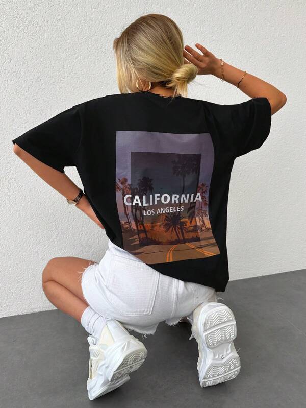 Tricou din bumbac cu umeri căzuți, cu imagini și litere