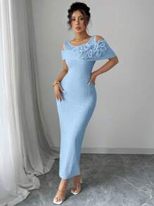 Modelyn Solid Color Mesh Splice Raised Floral Cut-Out Shoulder Midi Dress For Women