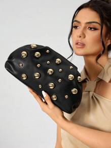 SHEIN SXY 女士手拿包，时尚优雅，简约个性，百搭经典，金色，不对称铆钉，适合通勤、办公、约会、日常、购物、下午茶