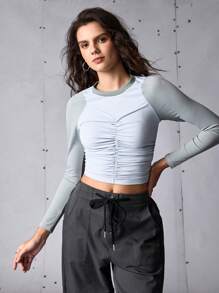 SHEIN Sports Women Street Casual Color Blocking Ruched Sports T-Shirt, Spring/Summer - Blue - View 4