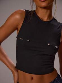 MUSERA Fitted Metal Chest Detail Fitted Tank Top Spring, Summer, Holiday, Festival, Rave, Grunge, Cool Girl, Y2K