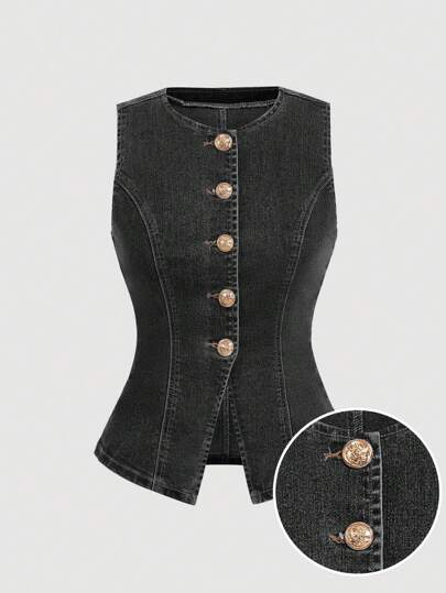 SHEIN MOD 女式无袖牛仔上衣，休闲弹力紧身，夏季