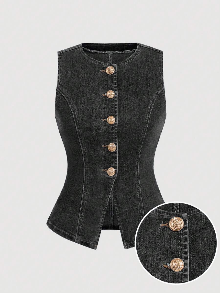 SHEIN MOD Women's Sleeveless Denim Top, Casual Stretchy Skinny ,Summer Black Jean Vest - Dark Grey - View 1