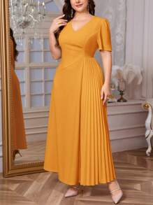 Firerie 大码舒适休闲优雅褶饰宽松弹力面试/派对迷你短袖连衣裙，春夏季 - 黃色 - 查看 5