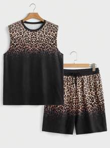 Manfinity VCAY 2 件套男士渐变色豹纹无袖背心套装，休闲夏季套装 - 黑色 - 查看 2