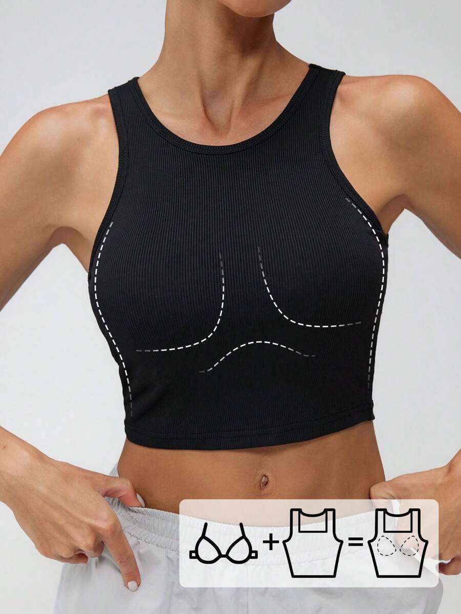 SHEIN Tall 女士休闲纯色圆领无袖背心 - 黑色 - 查看 1