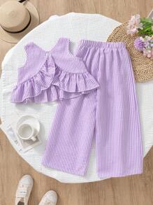 SHEIN Elladie kids 2件組少女夏季休閒條紋吊帶上衣與長褲套裝，少女服裝套裝，兒童夏季女童服飾 - 紫色 - 查看 3
