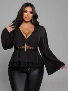 Franclia Plus Size V-Neck Lace Patchwork Ruffle Hem Long Sleeve Blouse
