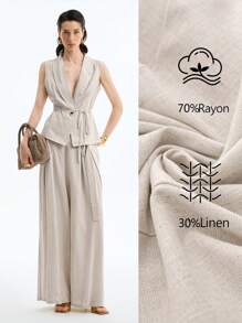 Aalyst Conjunto de 2 piezas: Camisa de mujer sin mangas con cuello Mao y un botón, con cinturón y pantalón recto plisado, adecuado para ir al trabajo, casual, actividades al aire libre y otras ocasiones, primavera/verano