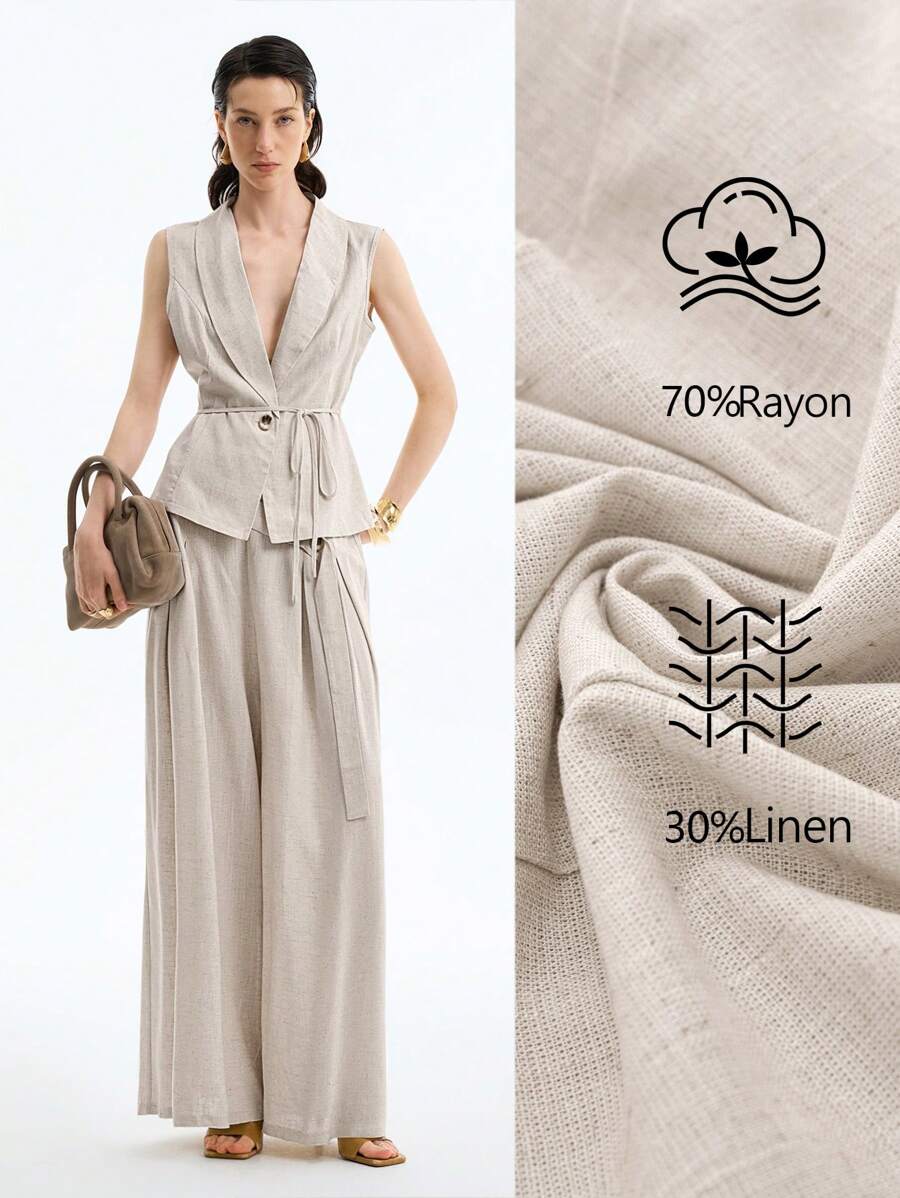 Aalyst Conjunto de 2 piezas: Camisa de mujer sin mangas con cuello Mao y un botón, con cinturón y pantalón recto plisado, adecuado para ir al trabajo, casual, actividades al aire libre y otras ocasiones, primavera/verano