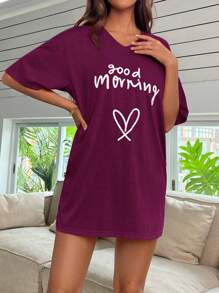 Women's Casual Slogan & Heart Print Drop Shoulder Nightdress - Red Violet - View 3