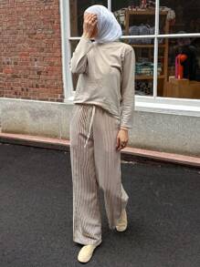 DAZY Quần dài ống rộng kẻ sọc có dây rút dành cho nữ, kiểu dáng kín đáo, thích hợp cho kỳ nghỉ. - màu nâu - Xem 3