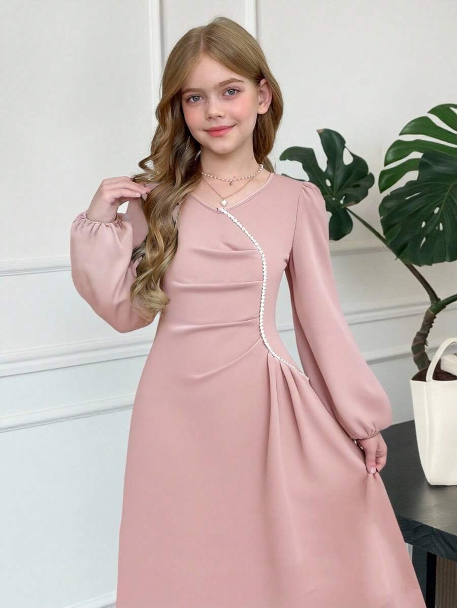 SHEIN Tween Girl Pearls Beaded Lantern Long Sleeve V-Neck Ruched Elegant Solid Pink Midi-Dress, For Autumn Winter - Pink - View 1