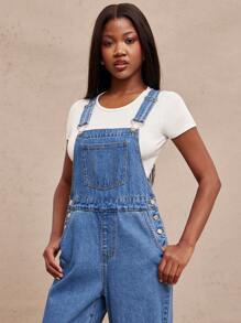 SHEIN Unity Peto holgado de talle alto, estilo casual y vintage, ropa de calle informal para el verano para mujer - Lavado ligero - Ver 4