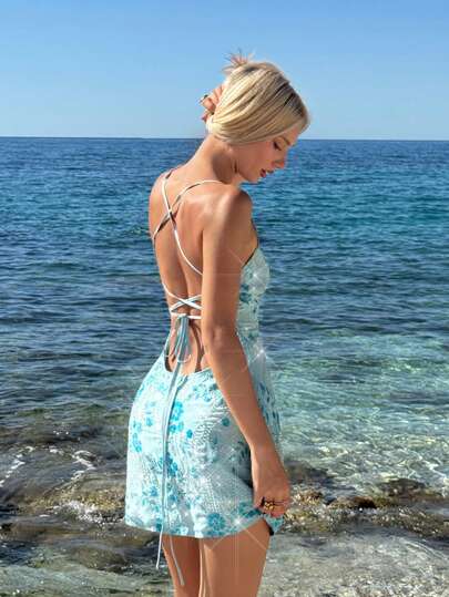 SHEIN ICON 女式印花交叉带露背吊带连衣裙