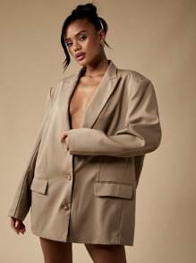 MISSGUIDED البدلة الرسمية الكبيرة الحجم، بتفاصيل عصرية، للعمل المكتبي الرسمي، التصميم الأنيق المبهر للموضة الشتوية، بأكمام طويلة مفصلة - كاكي - مشاهدة 7