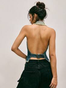 Easelle Women's Halter Backless Sexy Fringe Edge Zip-Up Contrast Color Sleeveless Denim Top - Blue - View 2