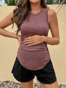 SHEIN 孕妇纯色圆领罗纹修身背心 - 粉色 - 查看 6