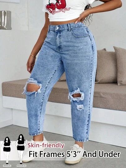 SHEIN PETITE CURVE Women Plus Size Blue Denim Loose Ripped Tapered Jeans Valentine's Day