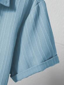 Teen Boy Short Sleeve Solid Color Single-Breasted Top And Shorts Casual 2 Pieces Set, School, Campus, College - Baby Blue - View 6