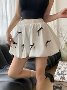 Modelyn Women's Elastic Waist Bow Decor Lantern Shorts, Sweet Casual Summer Design - White - View 7