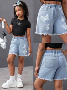 Tween Girls Y2K Fashion Streetwear Light Blue Washed Butterfly Print Cute Denim Loose Baggy Elastic High Waist Bermuda Shorts Denim Baggy Long Short With Raw Hem,Girls Summer Beach Boho Vacation Shorts, Summer Concert Festival Casual Rave Outfits, Girls Summer Brunch Church Graduation Outfits,Streetwear Back To School Outfits - Light Wash - View 1