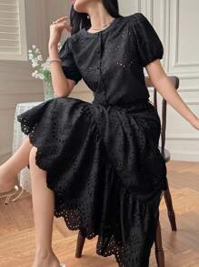 DAZY Ladies 2pcs Set: Hollow Out Embroidery Round Neck Puff Sleeve Blouse And Skirt - Black - View 5