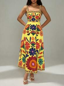 SHEIN PETITE 女式无袖收腰A字型花卉印花度假休闲连衣裙，春夏 - 黃色 - 查看 5
