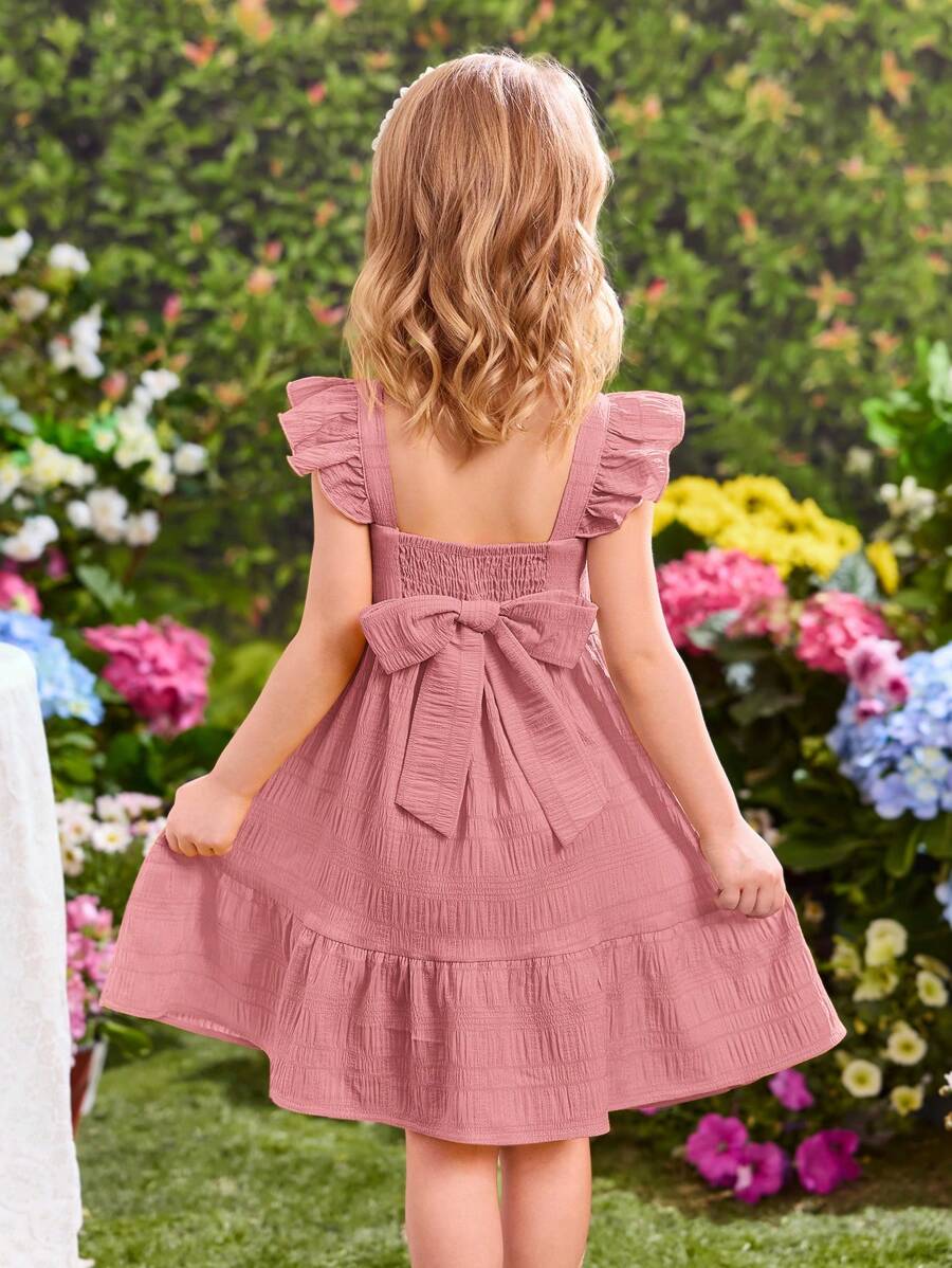 SHEIN Young Girl Ruffled Cap Sleeve Pink Vacation Dress, Summer - Pink - View 1
