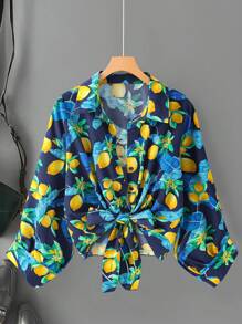 SHEIN LUNE Cămașă casual cu un singur nasture, mărime plus, imprimeu cu lămâie, mânecă lungă
