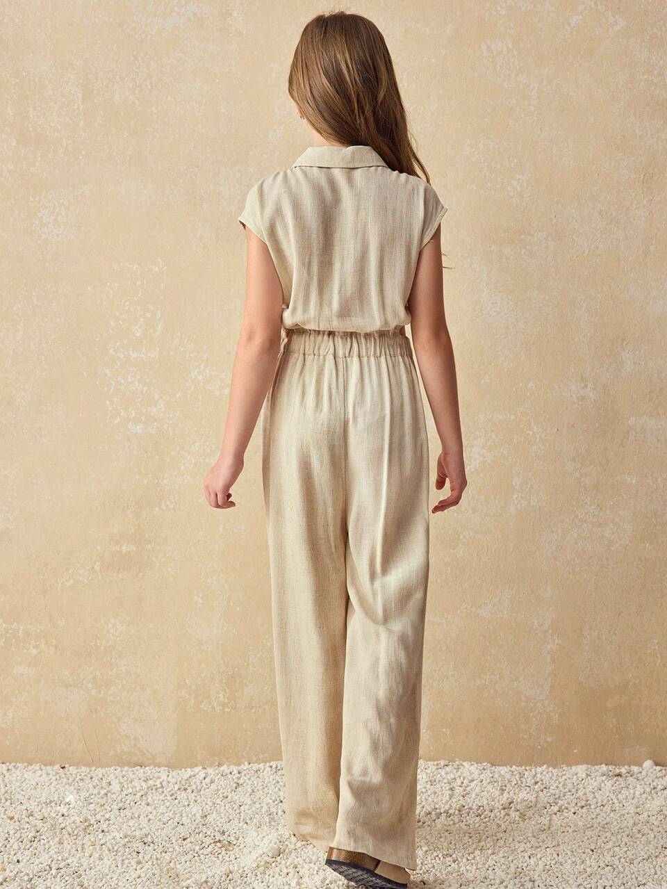 Tween Girls Solid Color Collared Casual Jumpsuit
