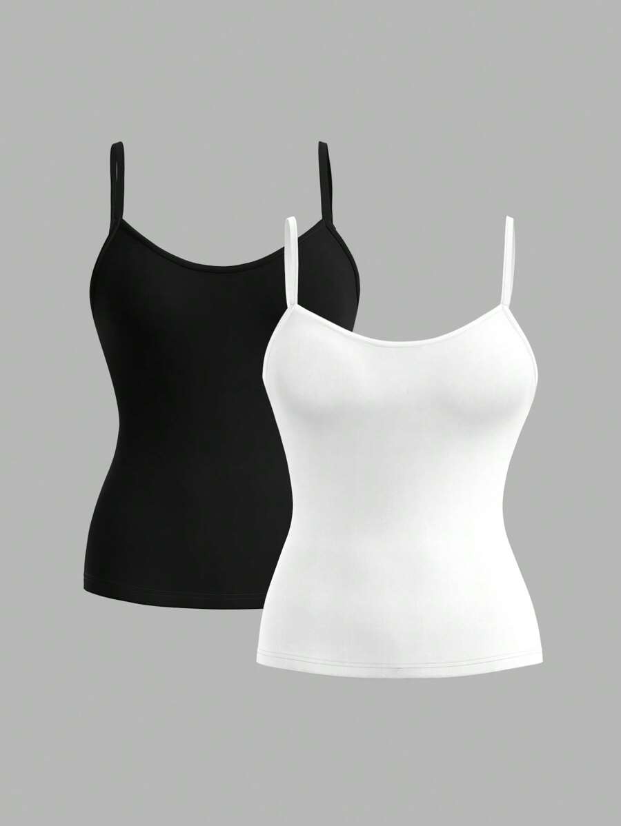 SHEIN PETITE 2pcs Black & White Casual Camisole Tank Tops, Slim Fit For Summer Women Back To School - Black and White - View 1