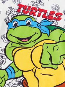 TEENAGE MUTANT NINJA TURTLES X SHEIN Set da 2 pezzi, maglietta a girocollo a maniche corte con stampa di cartone animato e pantaloncini per ragazzi giovani